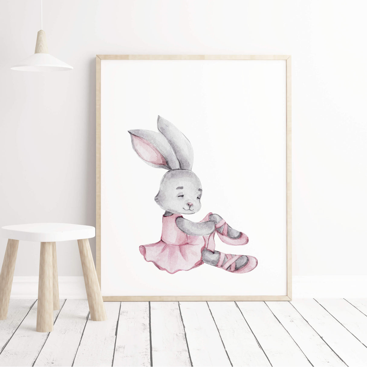 Watercolor bunny ballerina poster in gray, pink colors for baby girls room decor, pink nursery decor, gray nursery decor.