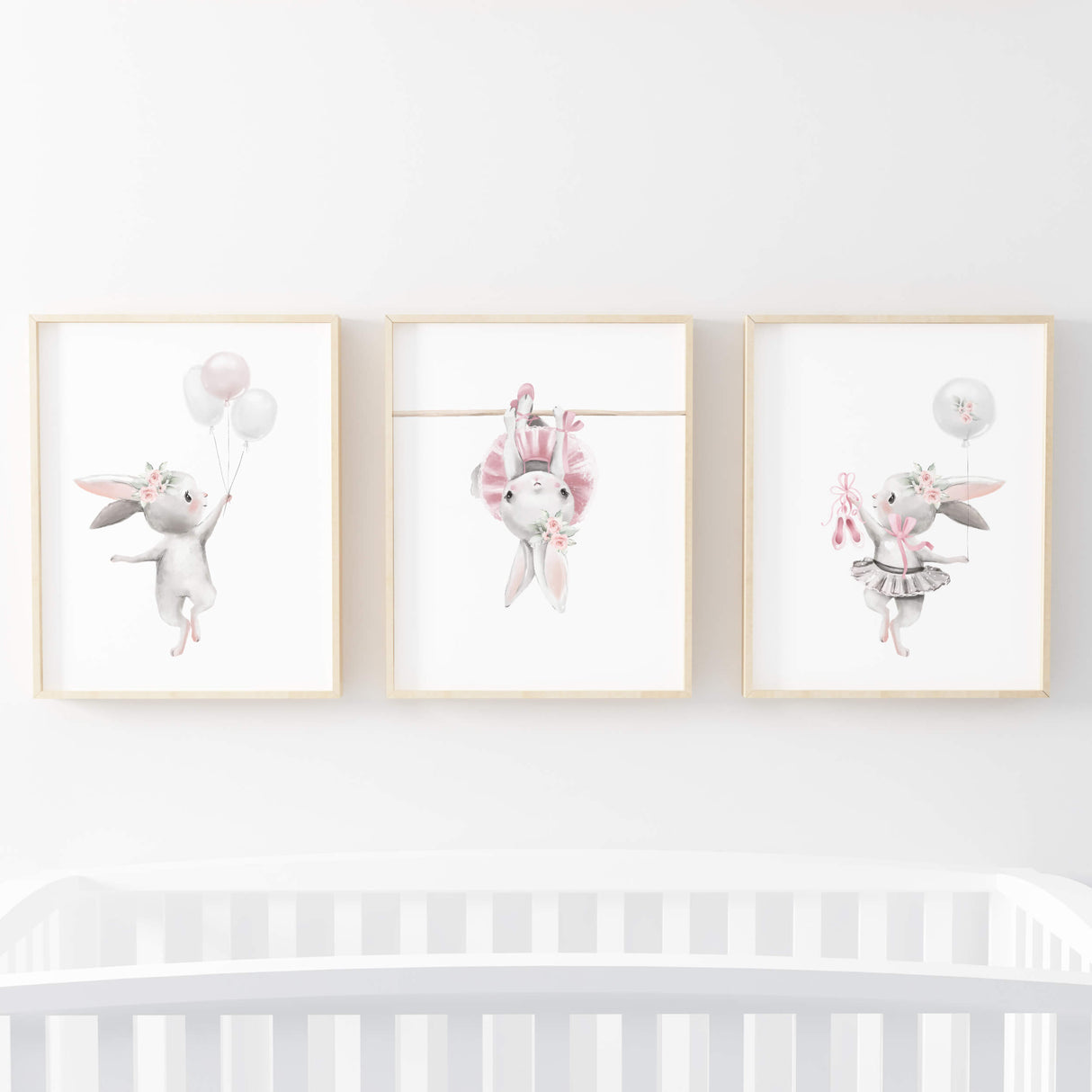Watercolor bunny ballerina with flower, ribbon, balloon printable in gray, pink colors for baby girls room decor, pink nursery decor, gray nursery decor.