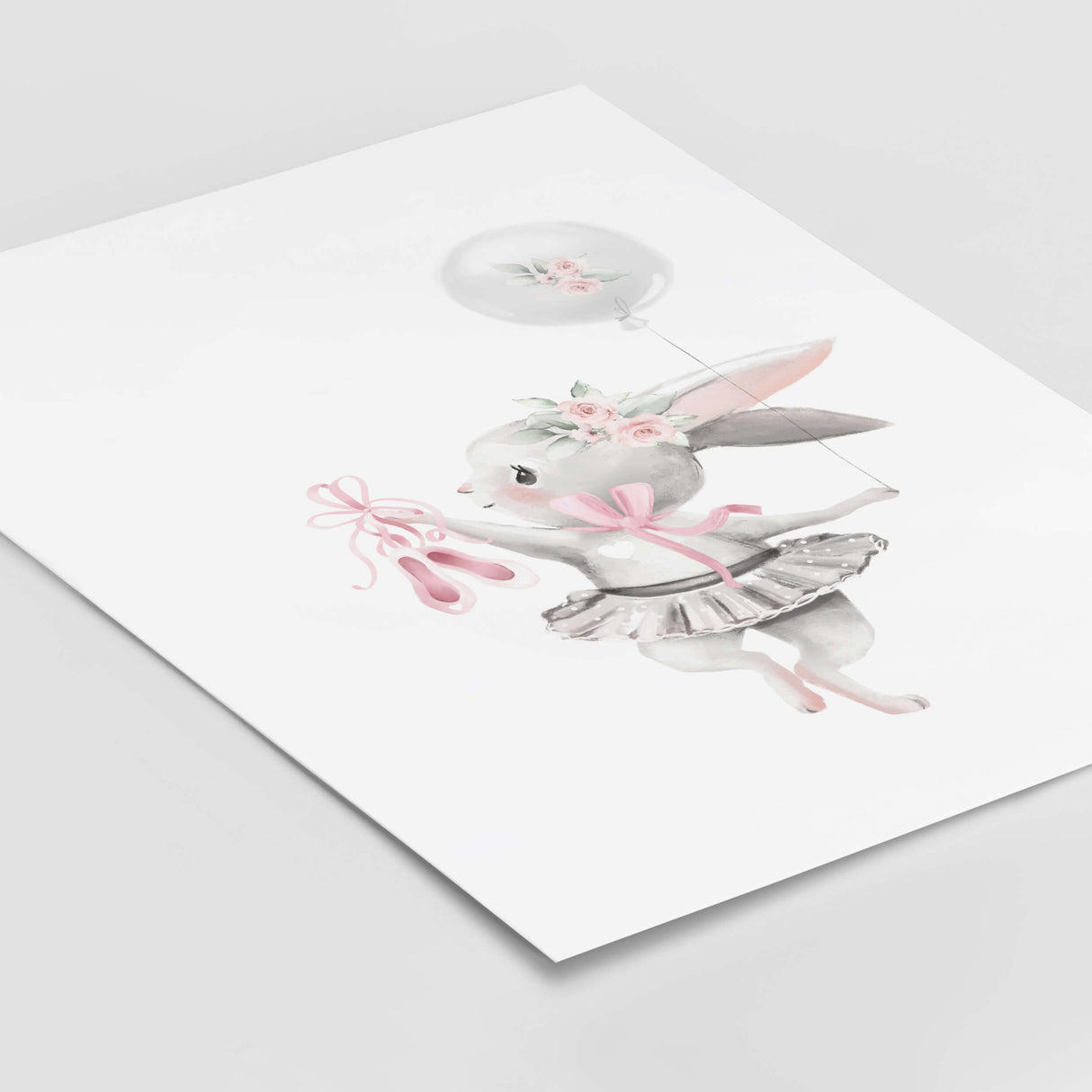 Watercolor bunny ballerina with flower, ribbon, balloon print in gray, pink colors for baby girls room decor, pink nursery decor, gray nursery decor.