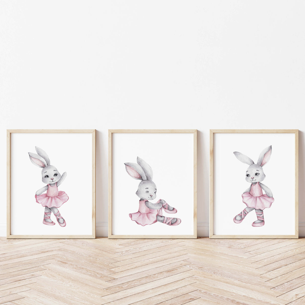 Watercolor bunny ballerina poster in gray, pink colors for baby girls room decor, pink nursery decor, gray nursery decor.
