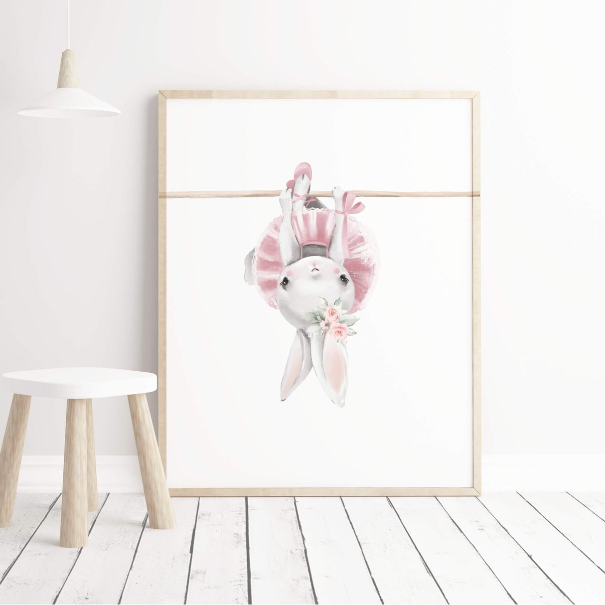 Watercolor bunny ballerina with flower, ribbon, balloon poster in gray, pink colors for baby girls room decor, pink nursery decor, gray nursery decor.