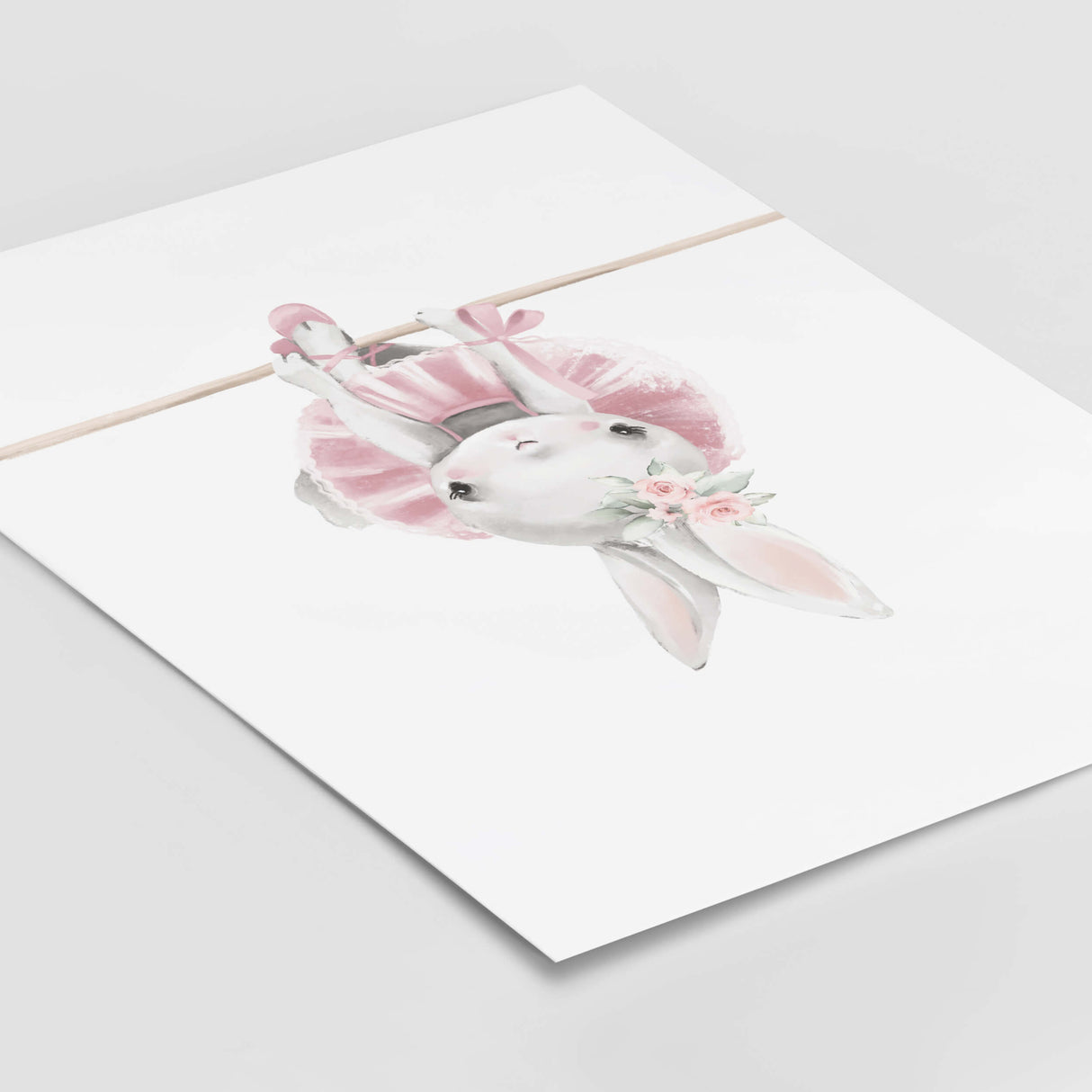 Watercolor bunny ballerina with flower, ribbon, balloon printable in gray, pink colors for baby girls room decor, pink nursery decor, gray nursery decor.