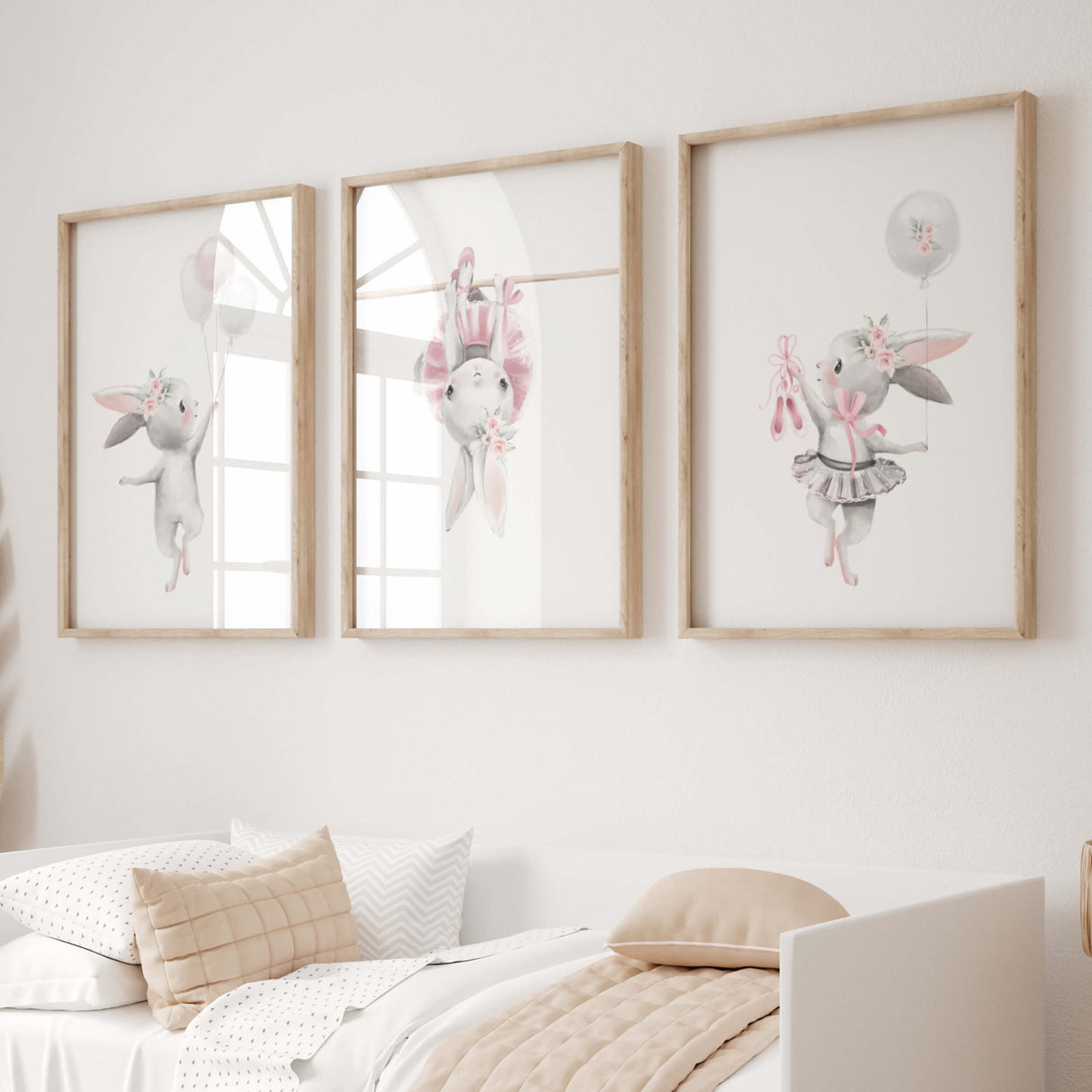 Watercolor bunny ballerina printable in gray, pink colors for baby girls room decor, pink nursery decor, gray nursery decor.