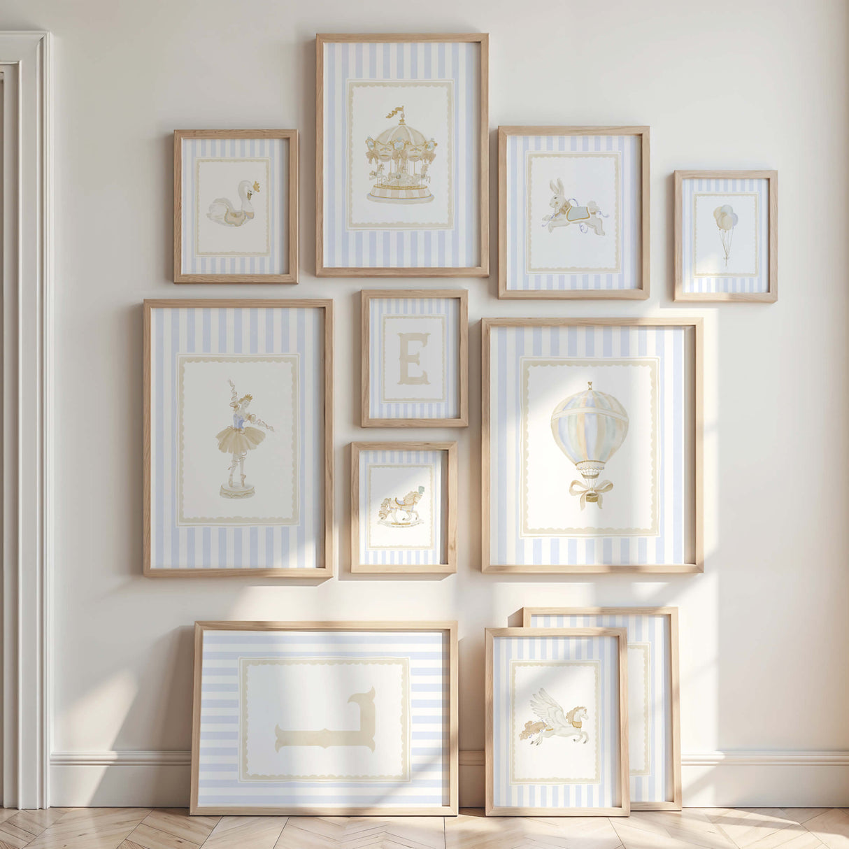 Whimsical blue nursery artwork bundle with carousel animals and matching alphabet letter posters