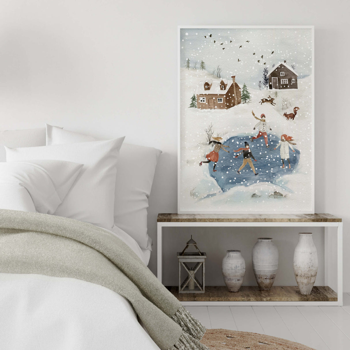 Watercolor winter landscape with ice skating print for neutral christmas home decor.