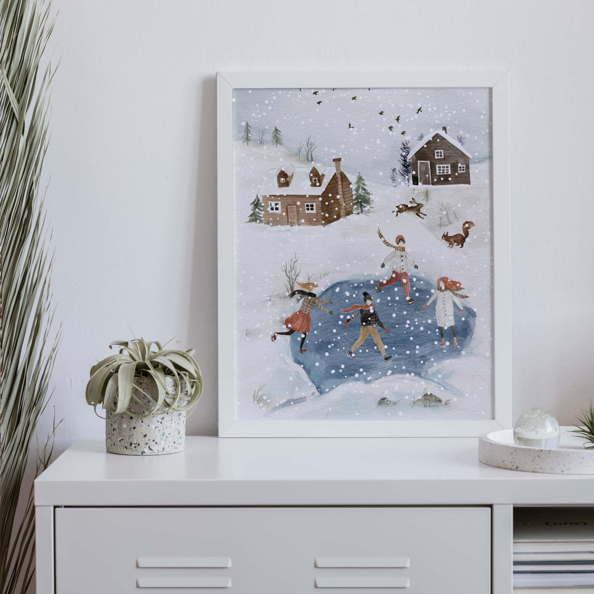 Watercolor ice skating poster for neutral christmas home decor.