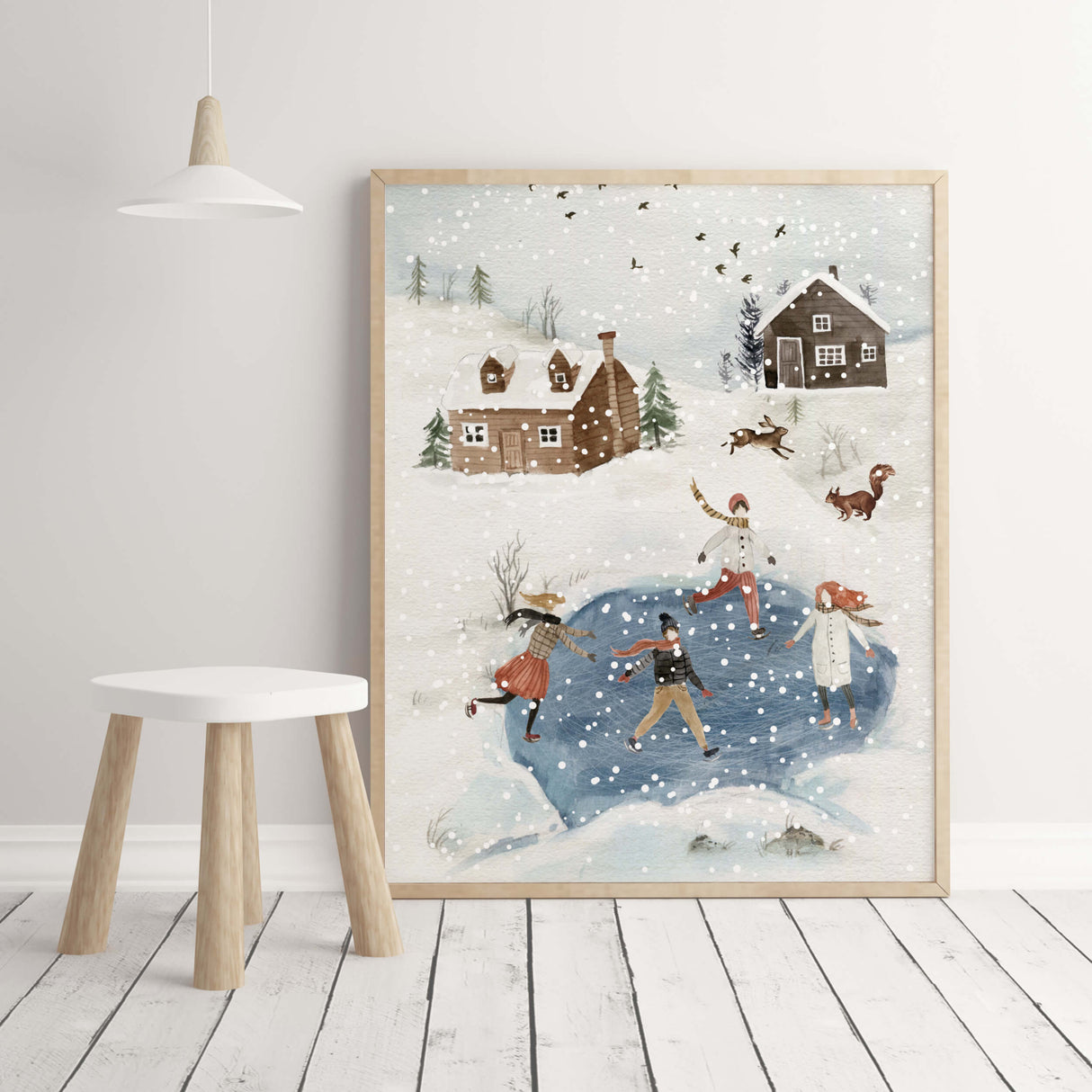 Watercolor ice skating printable for neutral christmas home decor.