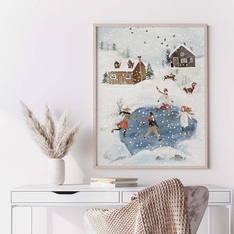 Watercolor ice skating print for neutral christmas home decor.