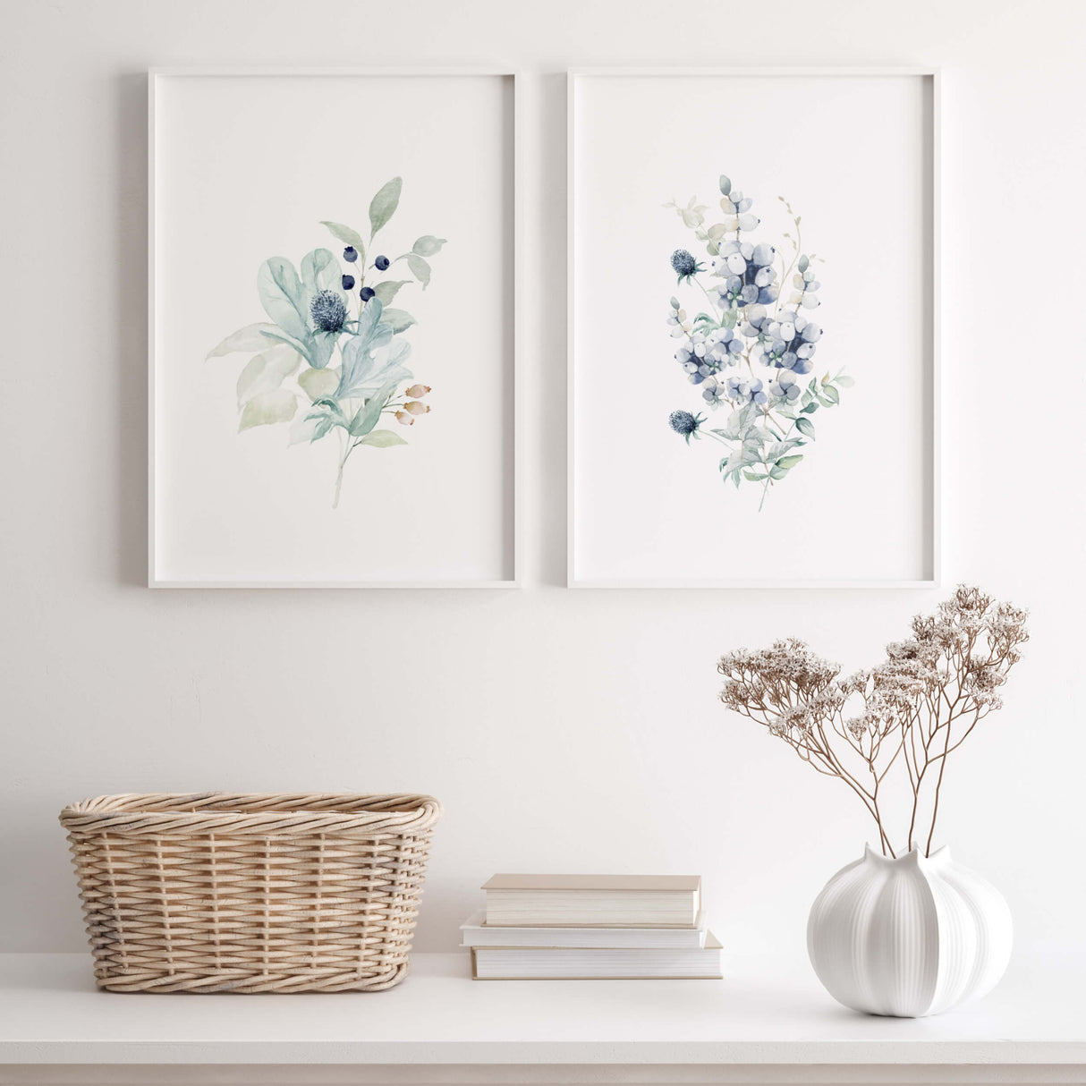 Watercolor winter flower print in blue, mint, white colors for neutral home decor.