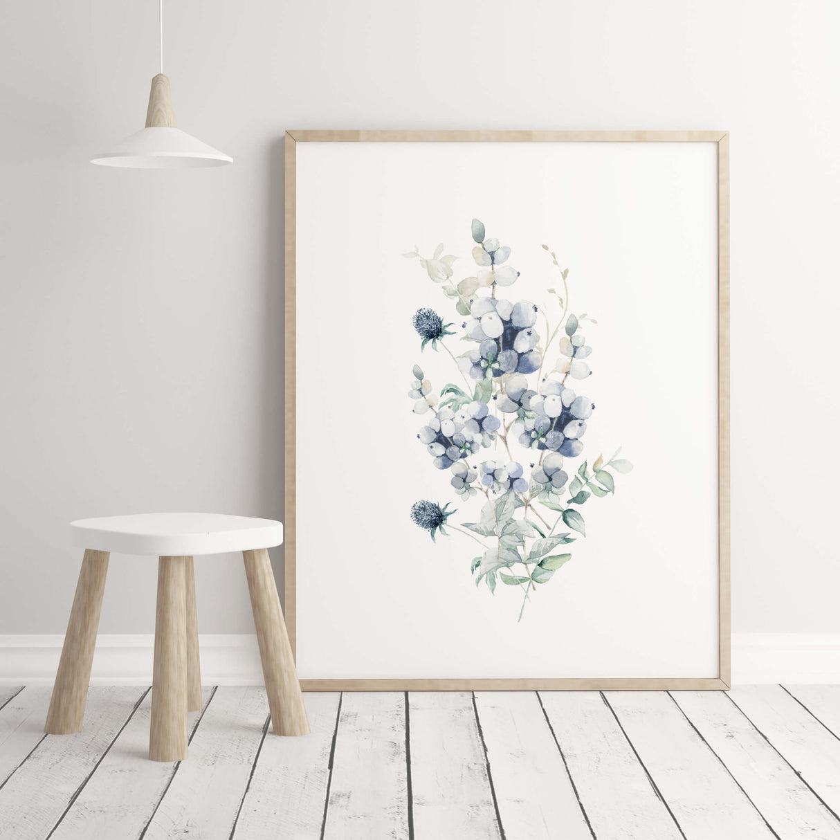 Watercolor winter flower poster  in blue, mint, white colors for neutral home decor.