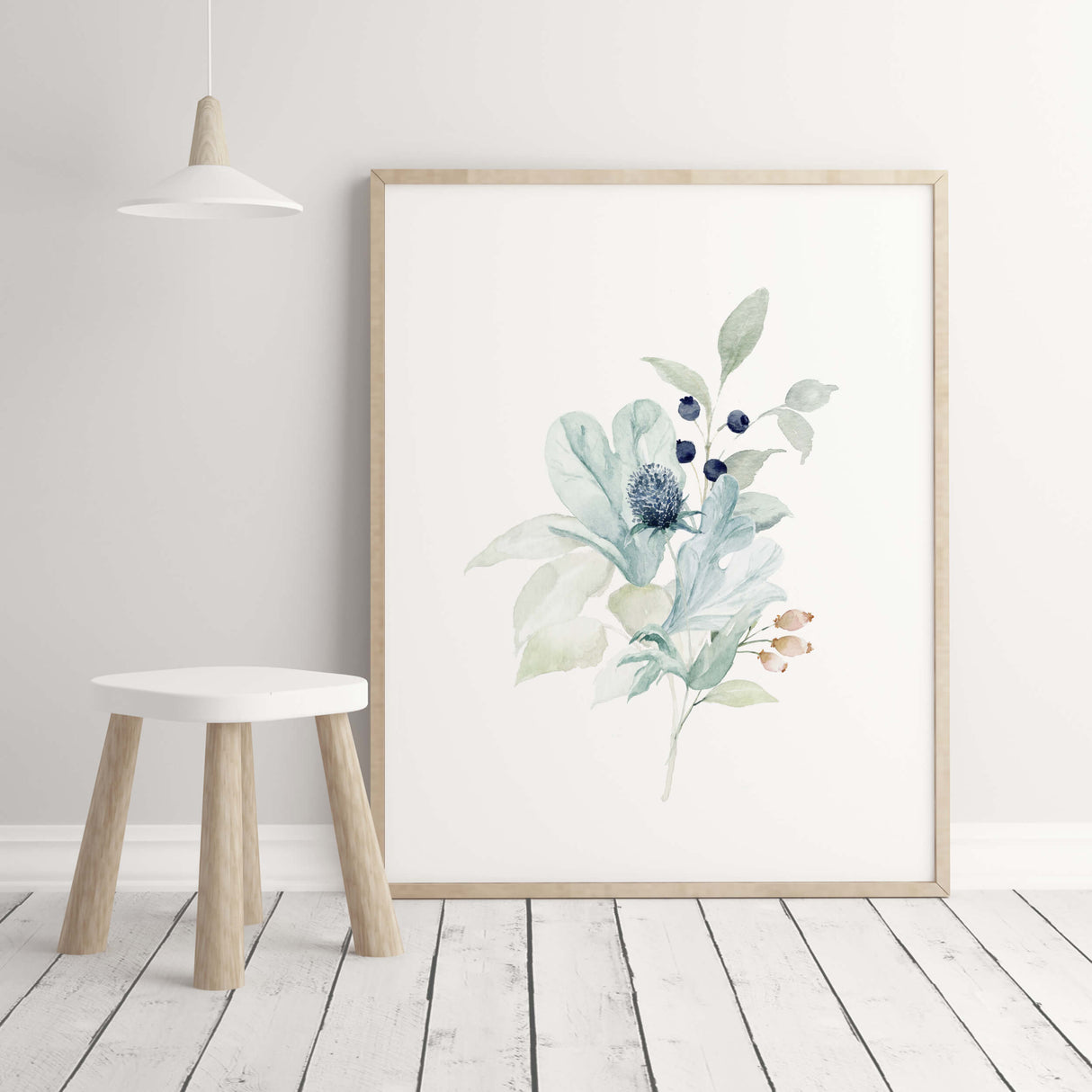 Watercolor winter flower print in blue, mint, white colors for flower neutral home decor.