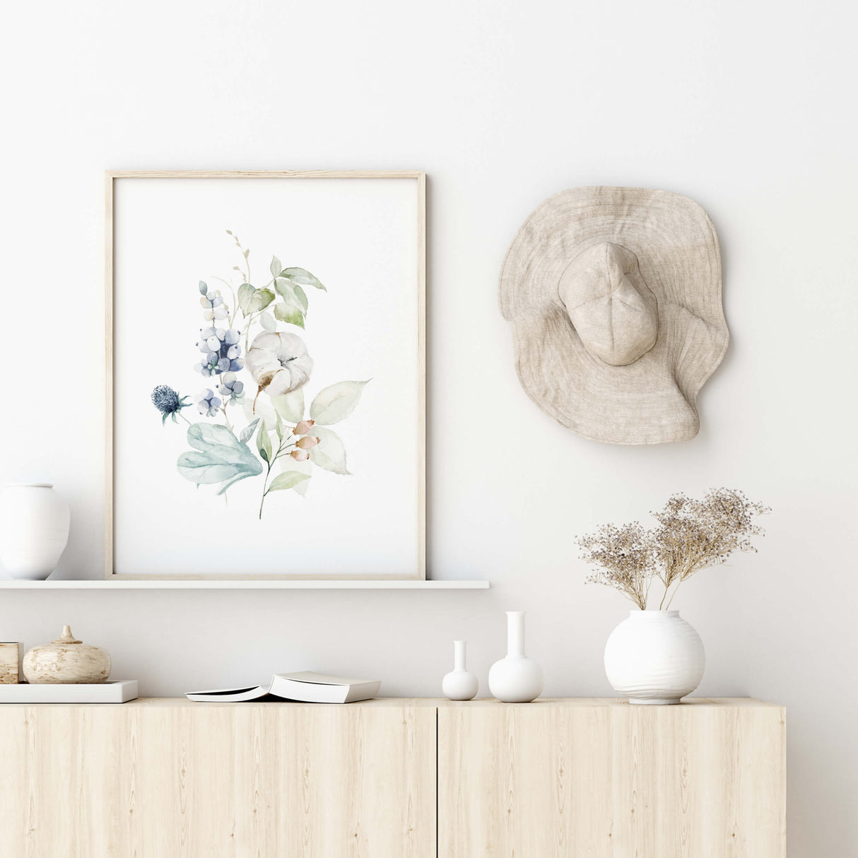 Watercolor winter wildflower poster in blue, mint, white colors for winter neutral home decor.