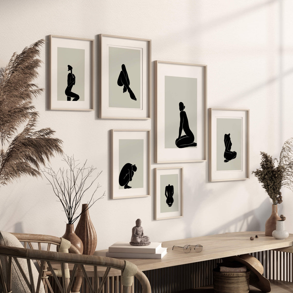 Abstract black woman silhouette print with sage green background for minimalist home decor, black and sage green home decor, abstract home decor.