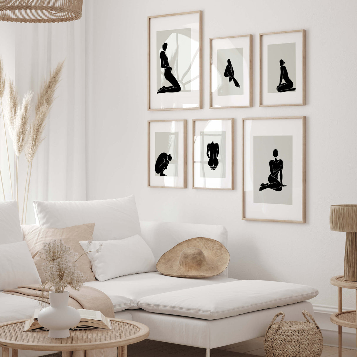 Woman Silhouette Abstract Prints with Black and Sage Green Colors - Set of 10