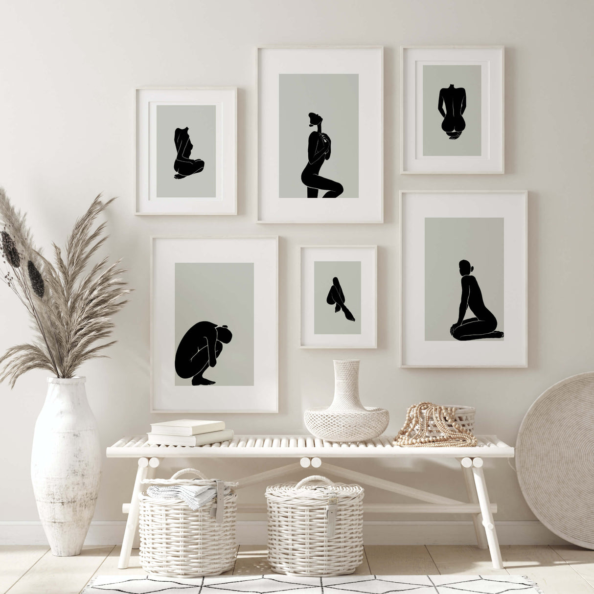 Woman Silhouette Abstract Prints with Black and Sage Green Colors - Set of 10