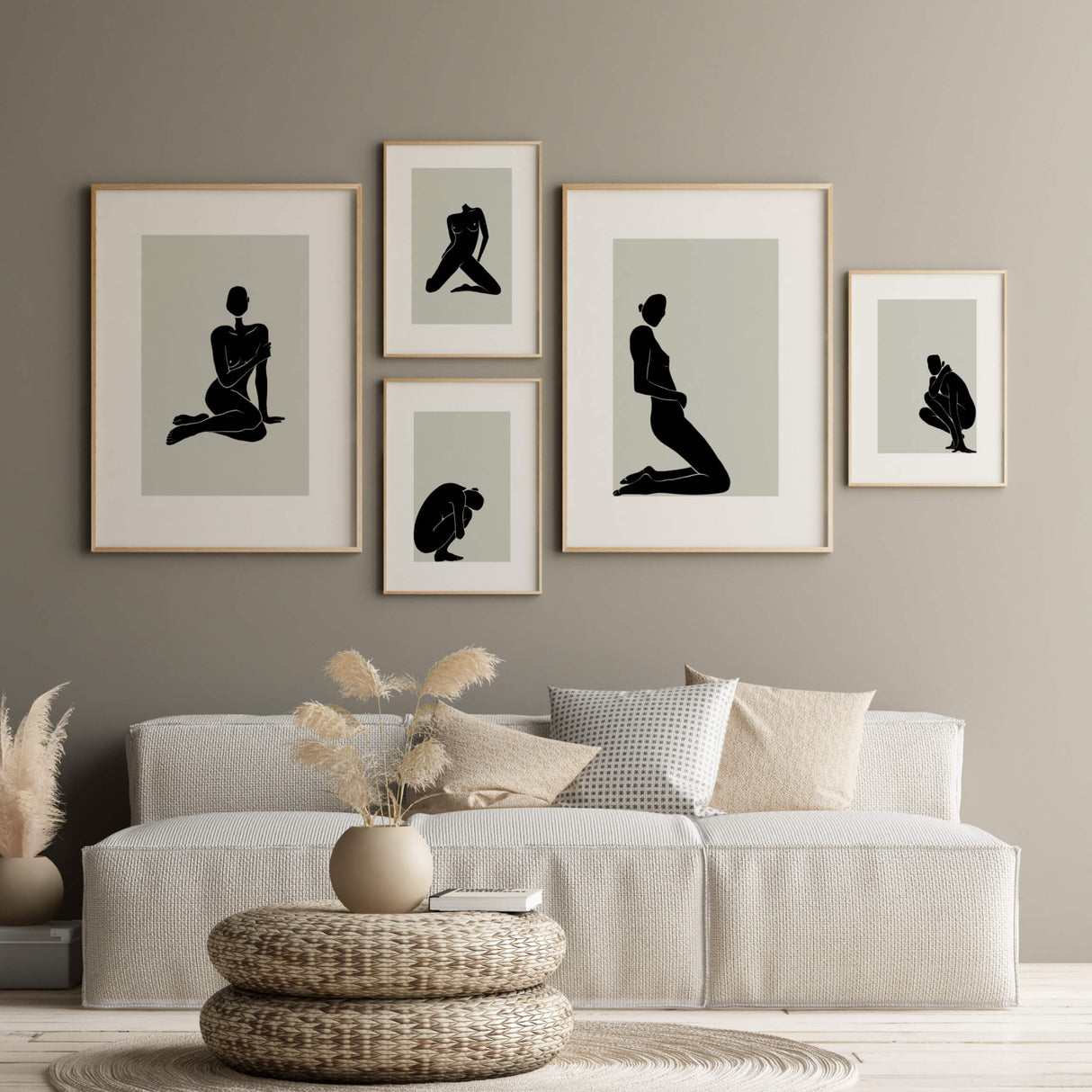 Abstract silhouette of naked female bodies print with sage green background for minimalist home decor, black and sage green home decor, abstract home decor.