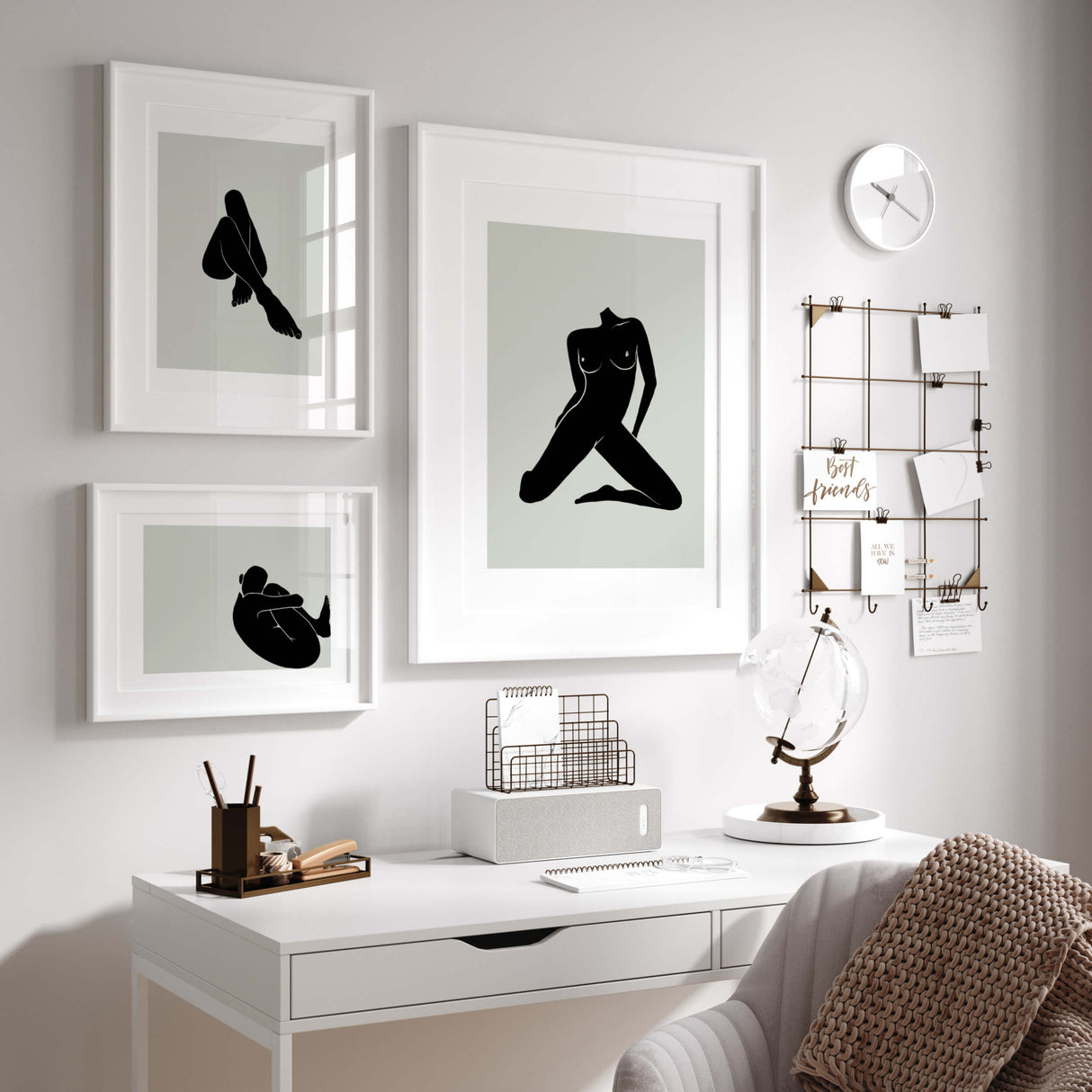 Abstract silhouette of naked female bodies printable with sage green background for minimalist home decor, black and sage green home decor, abstract home decor.