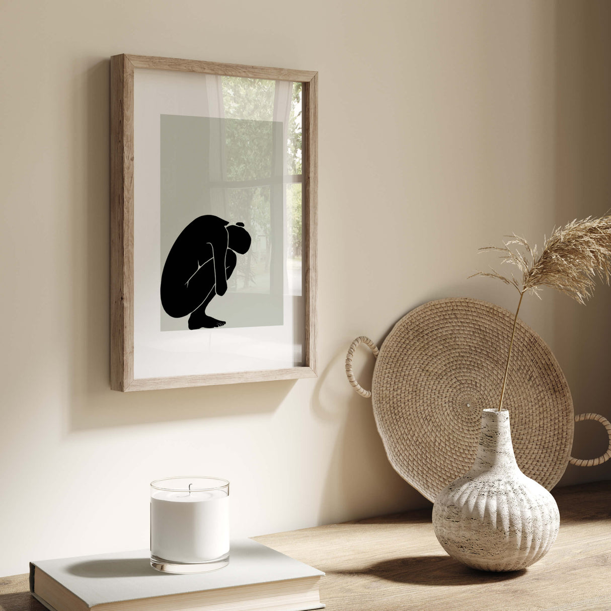 Abstract black woman silhouette printable with sage green background for minimalist home decor, black and sage green home decor, abstract home decor.