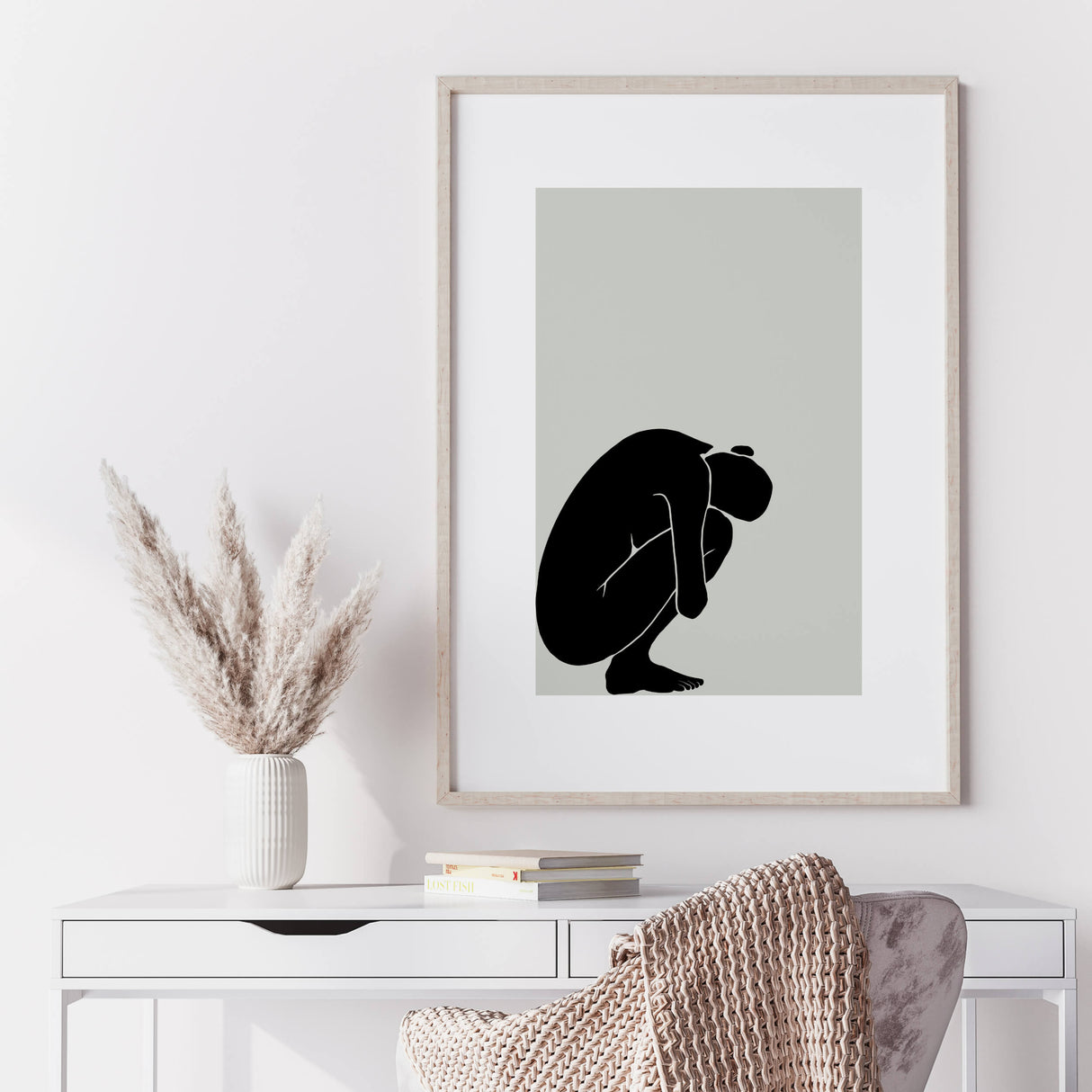 Abstract black female silhouette print with sage green background for minimalist home decor, black and sage green home decor, abstract home decor.