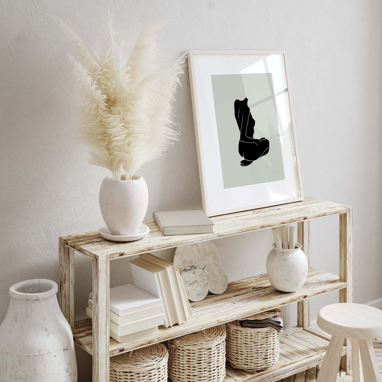 Abstract silhouette of naked female bodies print with sage green background for minimalist home decor, black and sage green home decor, abstract home decor.