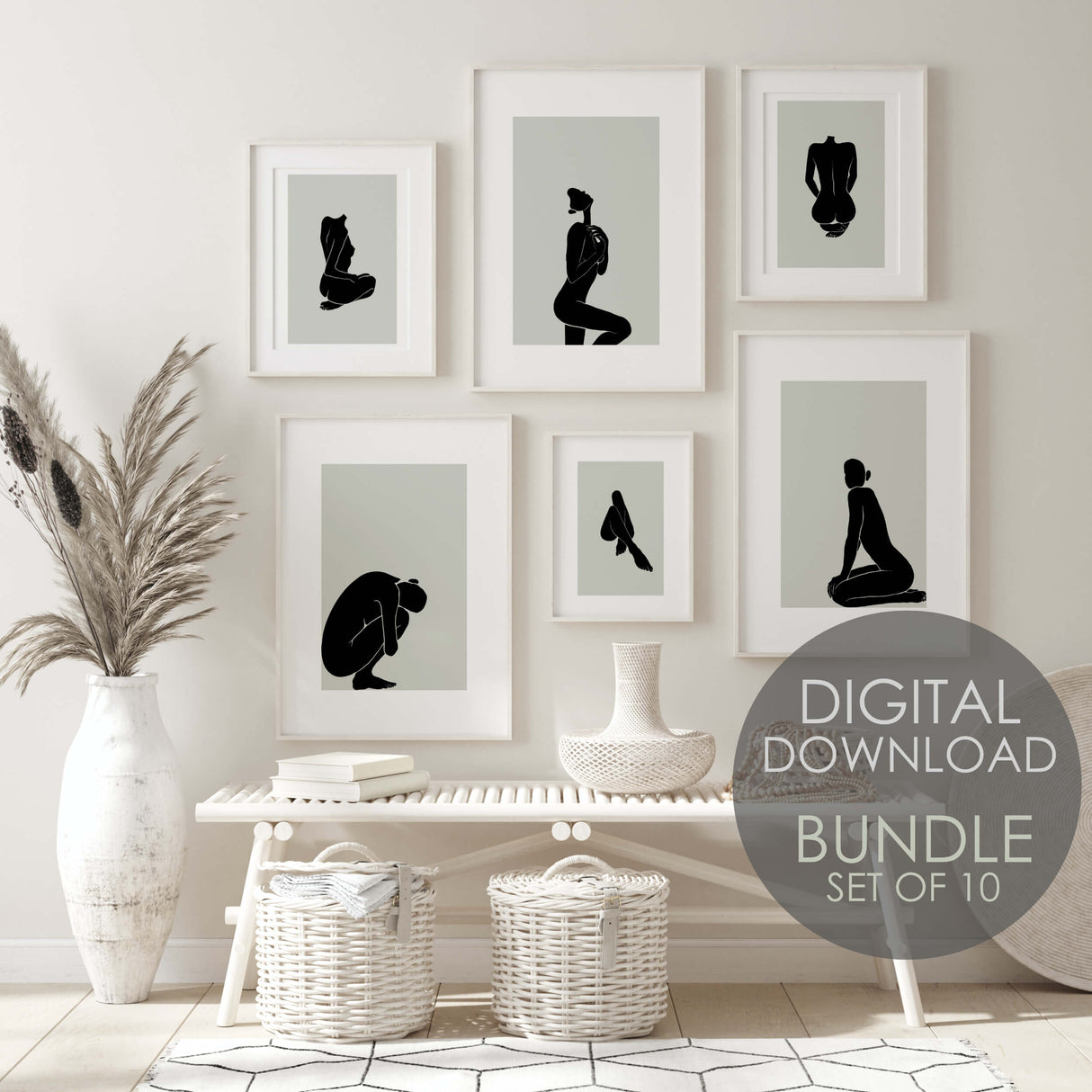 Woman line art print with sage green background for minimalist home decor, black and sage green home decor, abstract home decor.