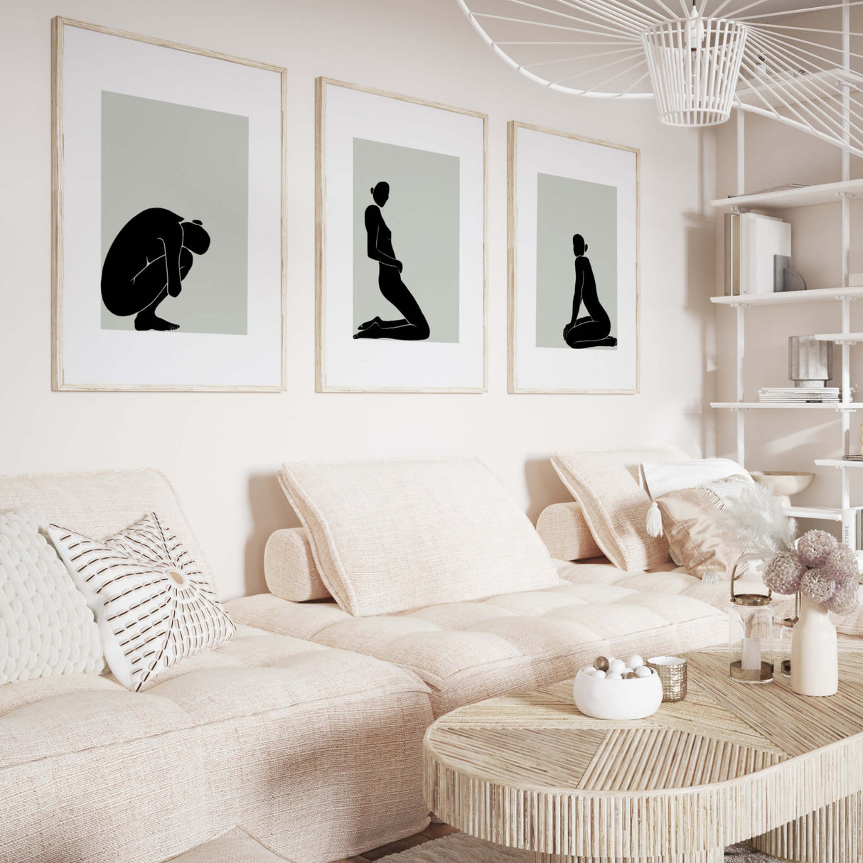 Abstract silhouette of naked female bodies print with sage green background for minimalist home decor, black and sage green home decor, abstract home decor.