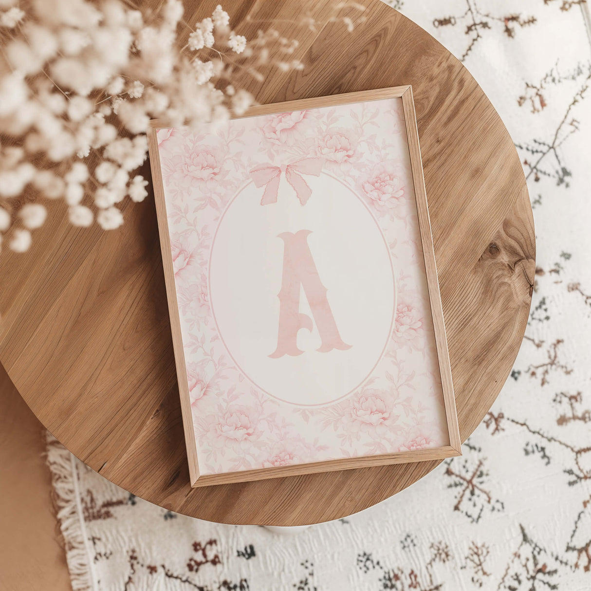 pink initial letter wall art printable floral nursery print with bow and rose background