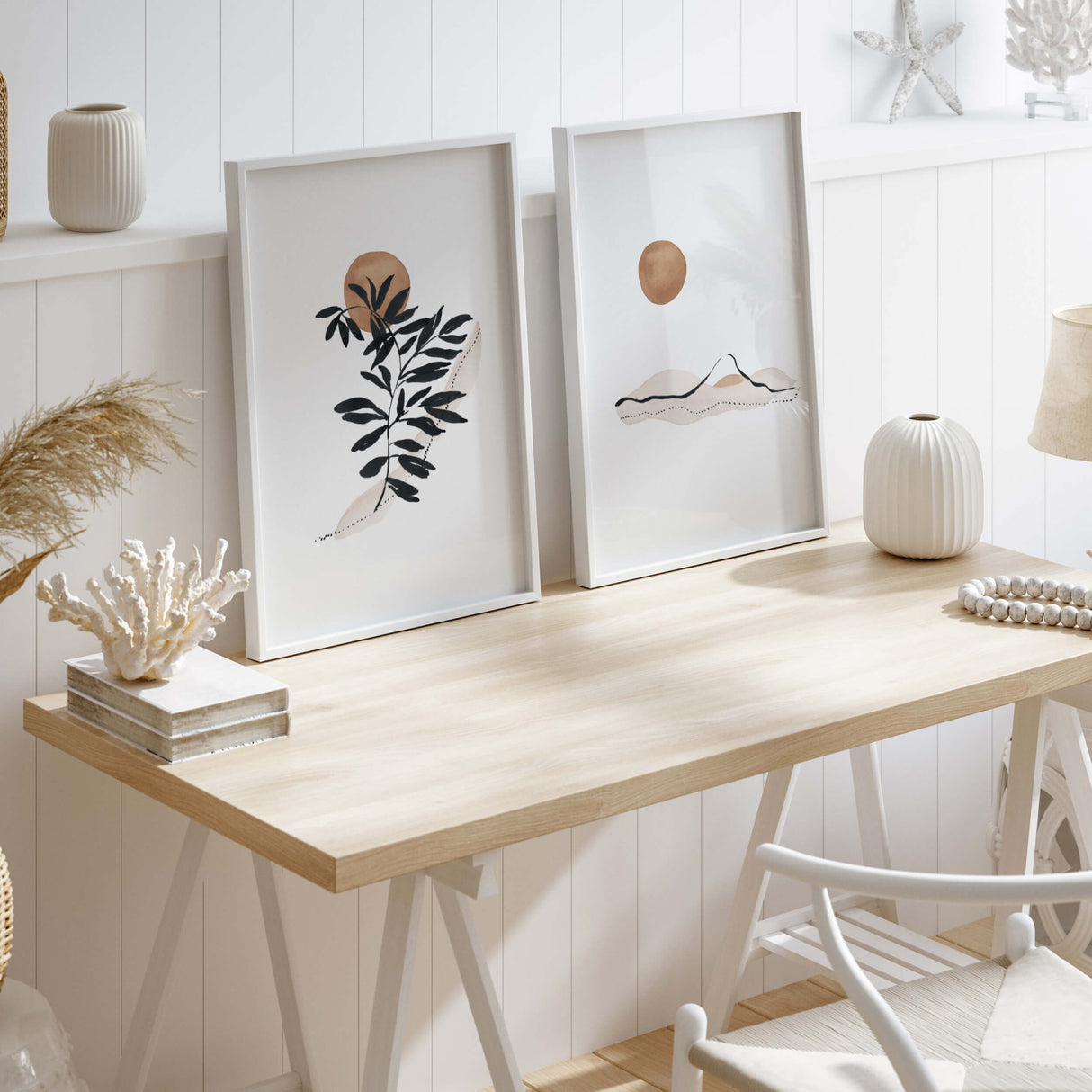 Watercolor abstract landscape and botanical poster in beige, brown, black colors for neutral home decor, beige home decor, abstract home decor