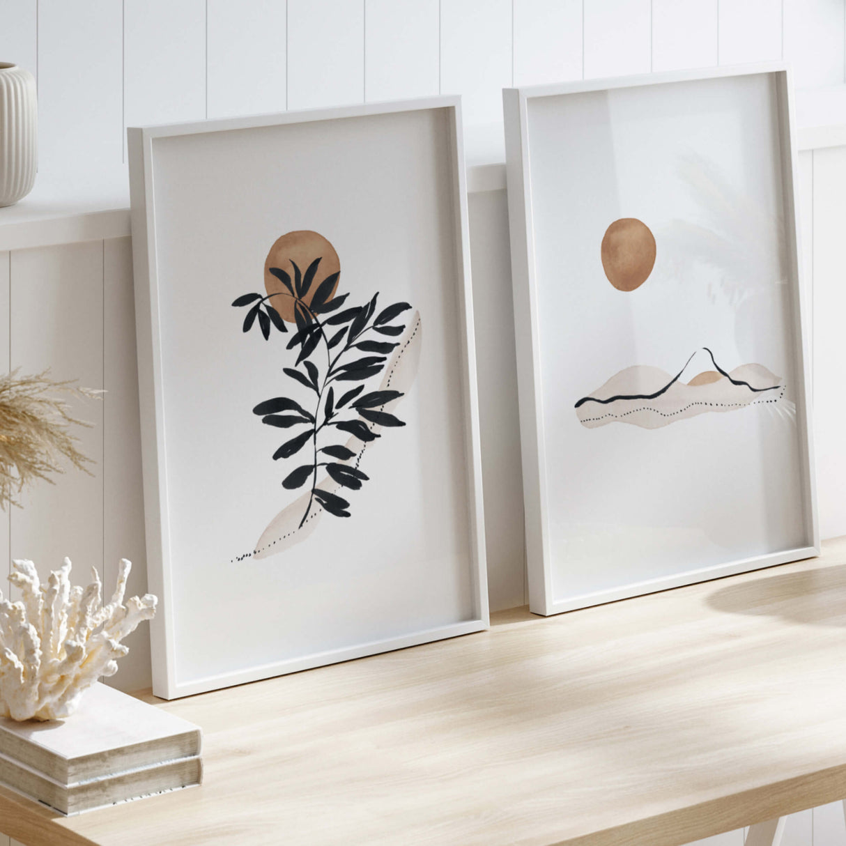 Watercolor abstract landscape and botanical print in beige, brown, black colors for neutral home decor, beige home decor, abstract home decor