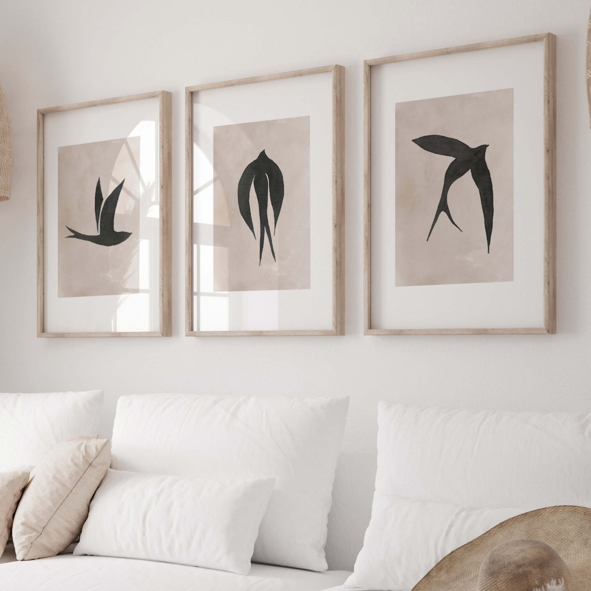 Set of 3 watercolor wabi-sabi black bird printable with beige background for wabi sabi home decor, minimalist home decor, beige home decor