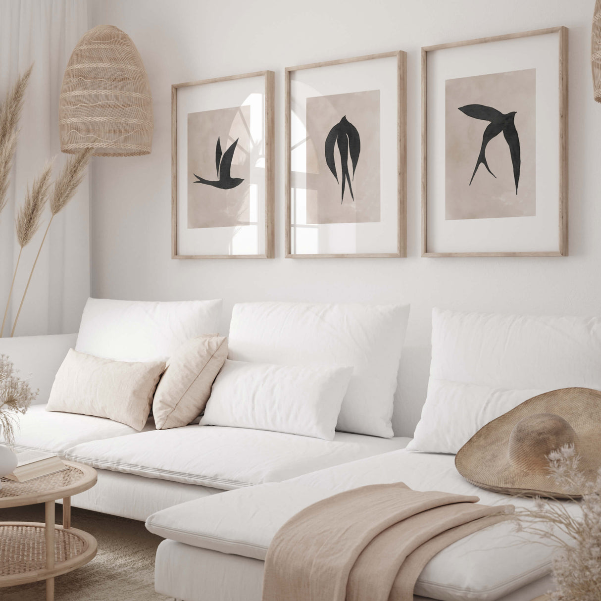 Set of 3 watercolor wabi-sabi black bird poster with beige background for wabi sabi home decor, minimalist home decor, beige home decor