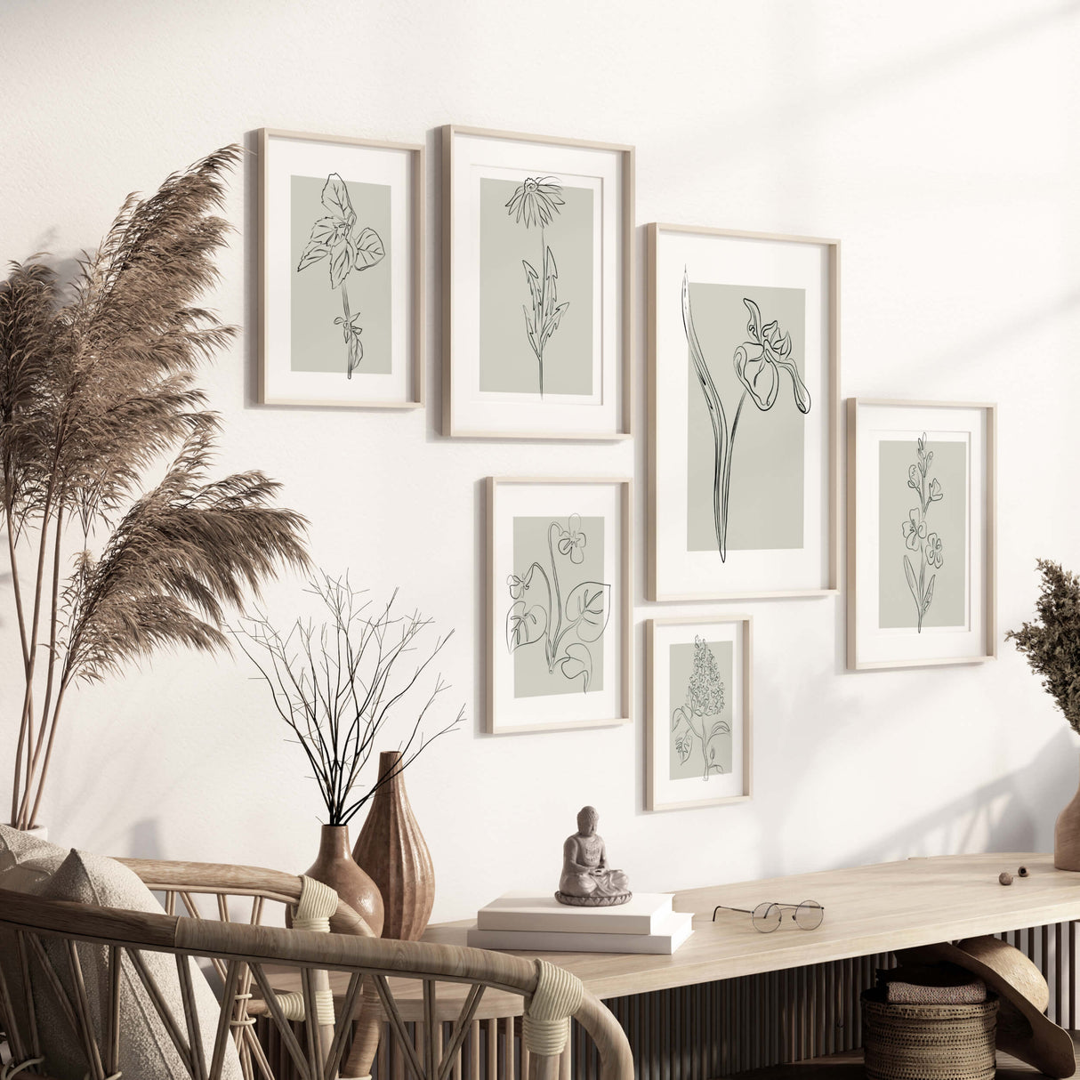 Abstract flower line art print with sage green background for neutral home decor, abstract home decor, modern home decor, scandinavian home decor.