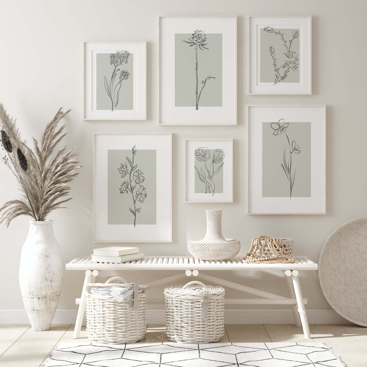 Abstract flower line art print with sage green background for neutral home decor, abstract home decor, modern home decor, scandinavian home decor.