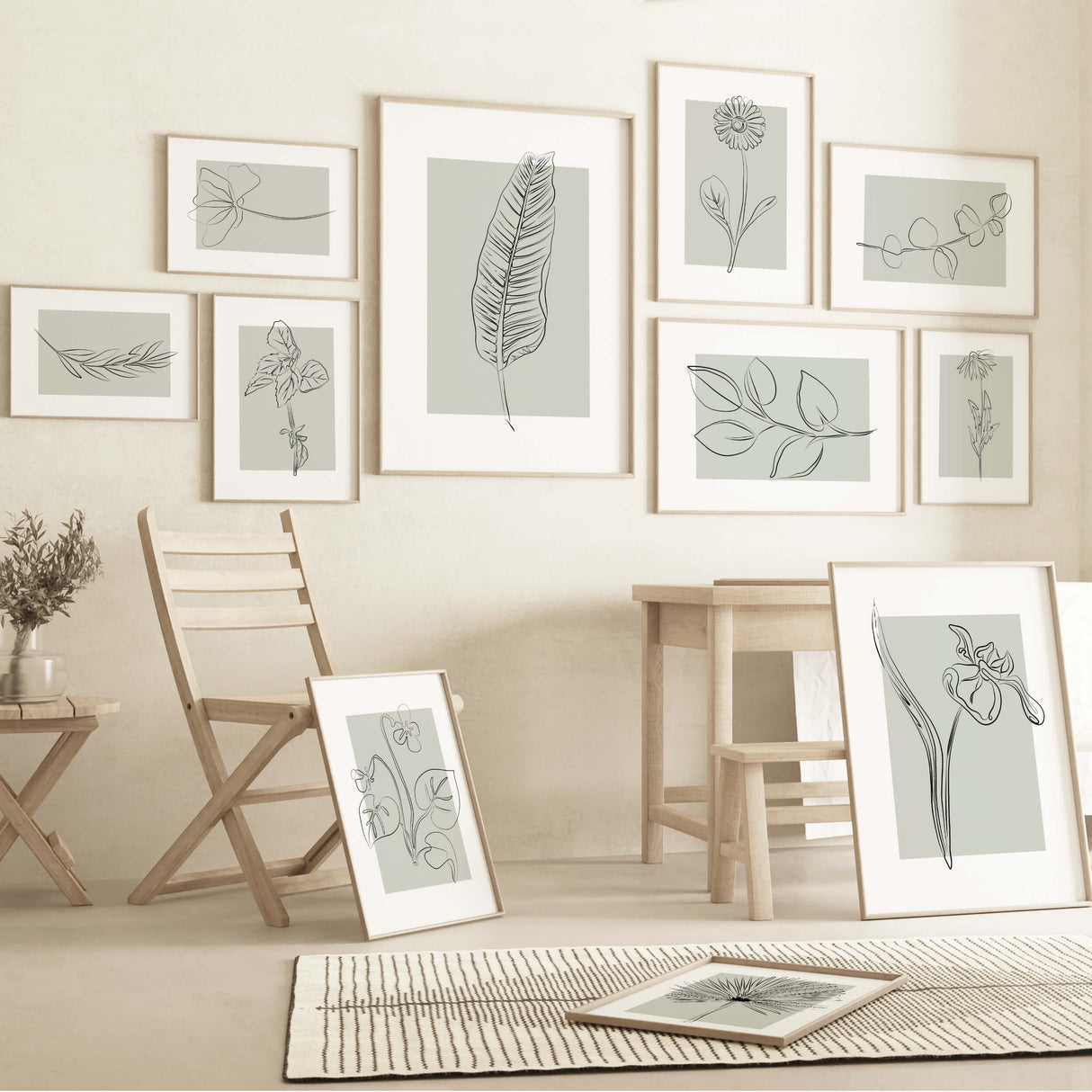 Abstract flower line art print with sage green background for neutral home decor, abstract home decor, modern home decor, scandinavian home decor.