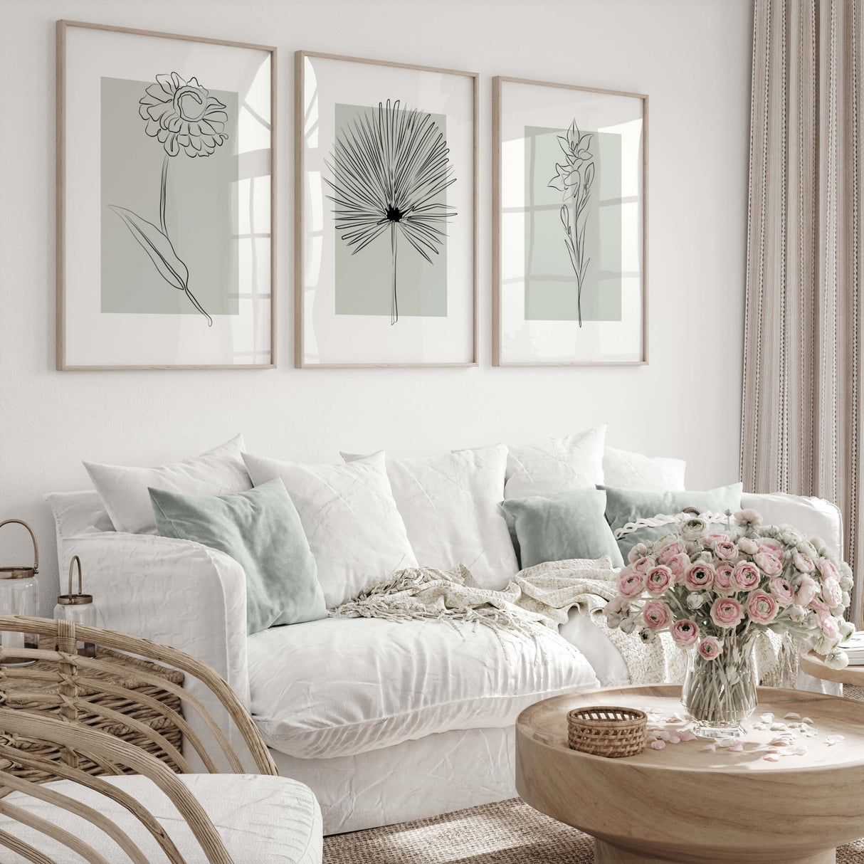 Abstract flower line art prints with sage green background for neutral home decor, abstract home decor, modern home decor, scandinavian home decor, beige home decor, white home decor.