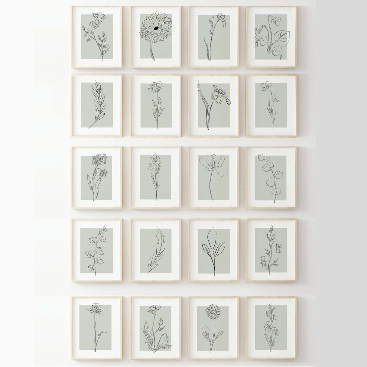Abstract Flower and Leaf Line Art Prints with Sage Green Background - Bundle - Set of 40