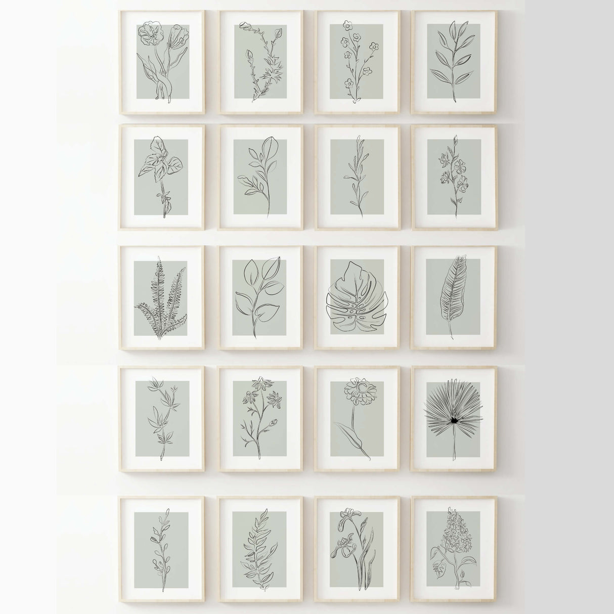 Abstract Flower and Leaf Line Art Prints with Sage Green Background - Bundle - Set of 40