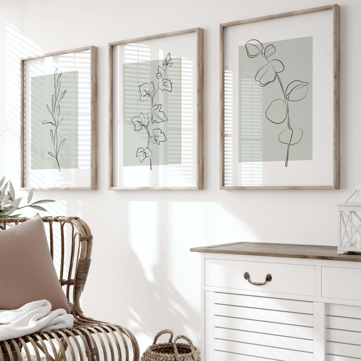 Abstract flower line art prints with sage green background for neutral home decor, abstract home decor, modern home decor, scandinavian home decor.