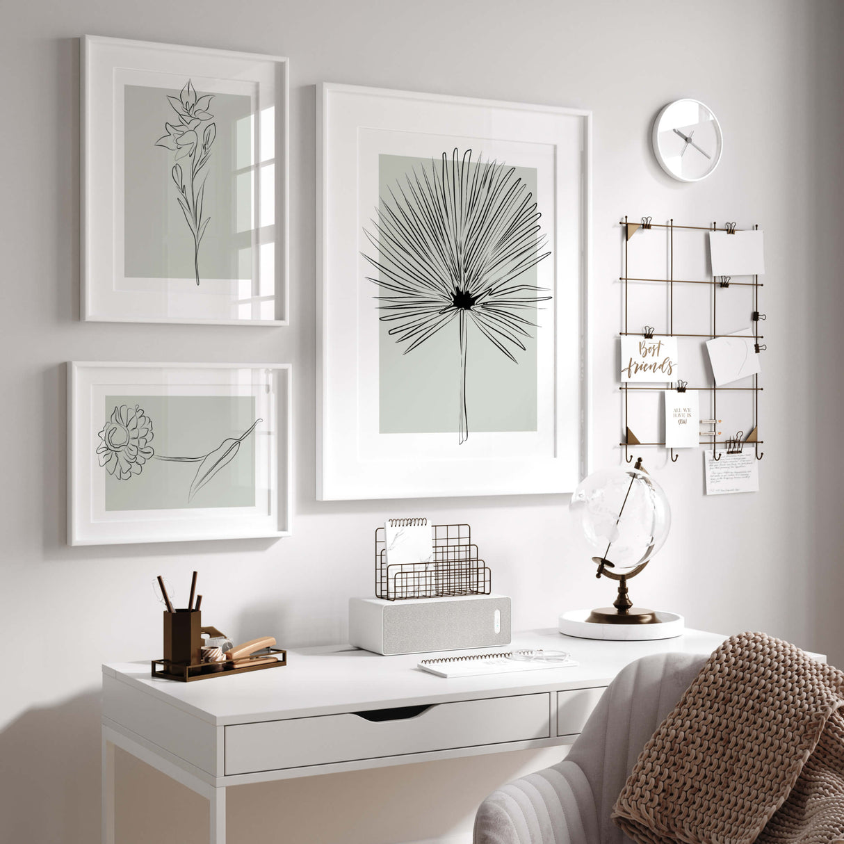 Abstract flower line art prints with sage green background for neutral home decor, abstract home decor, modern home decor, scandinavian home decor.