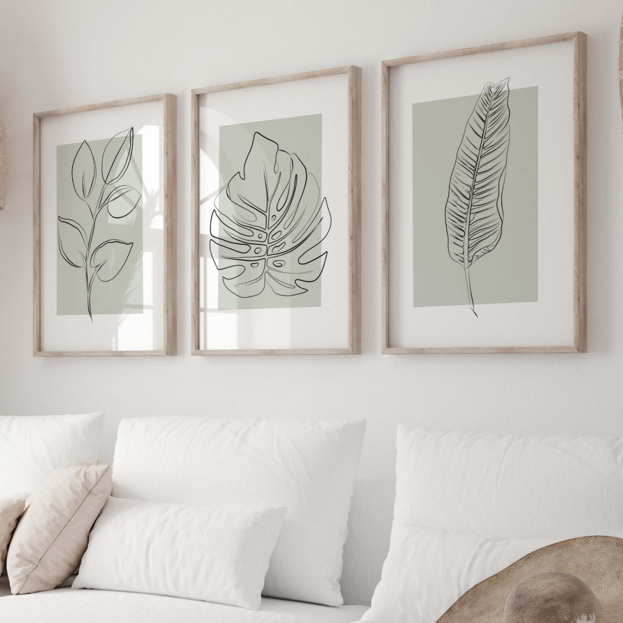 Abstract leaves line art print with sage green background for neutral home decor, white home decor, beige home decor, boho home decor, modern home decor.