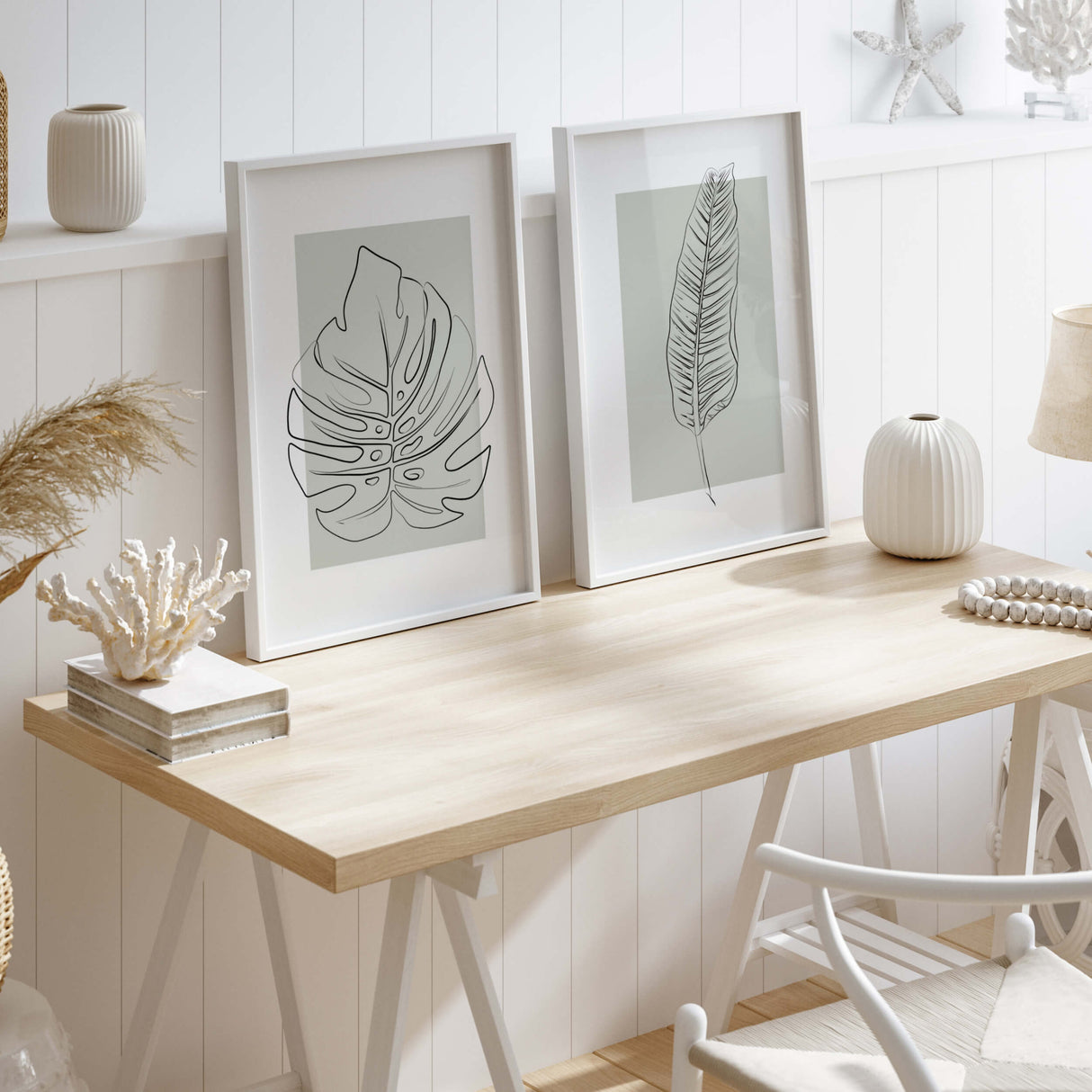 Abstract leaves line art print with sage green background for neutral home decor, white home decor, beige home decor, boho home decor, modern home decor.