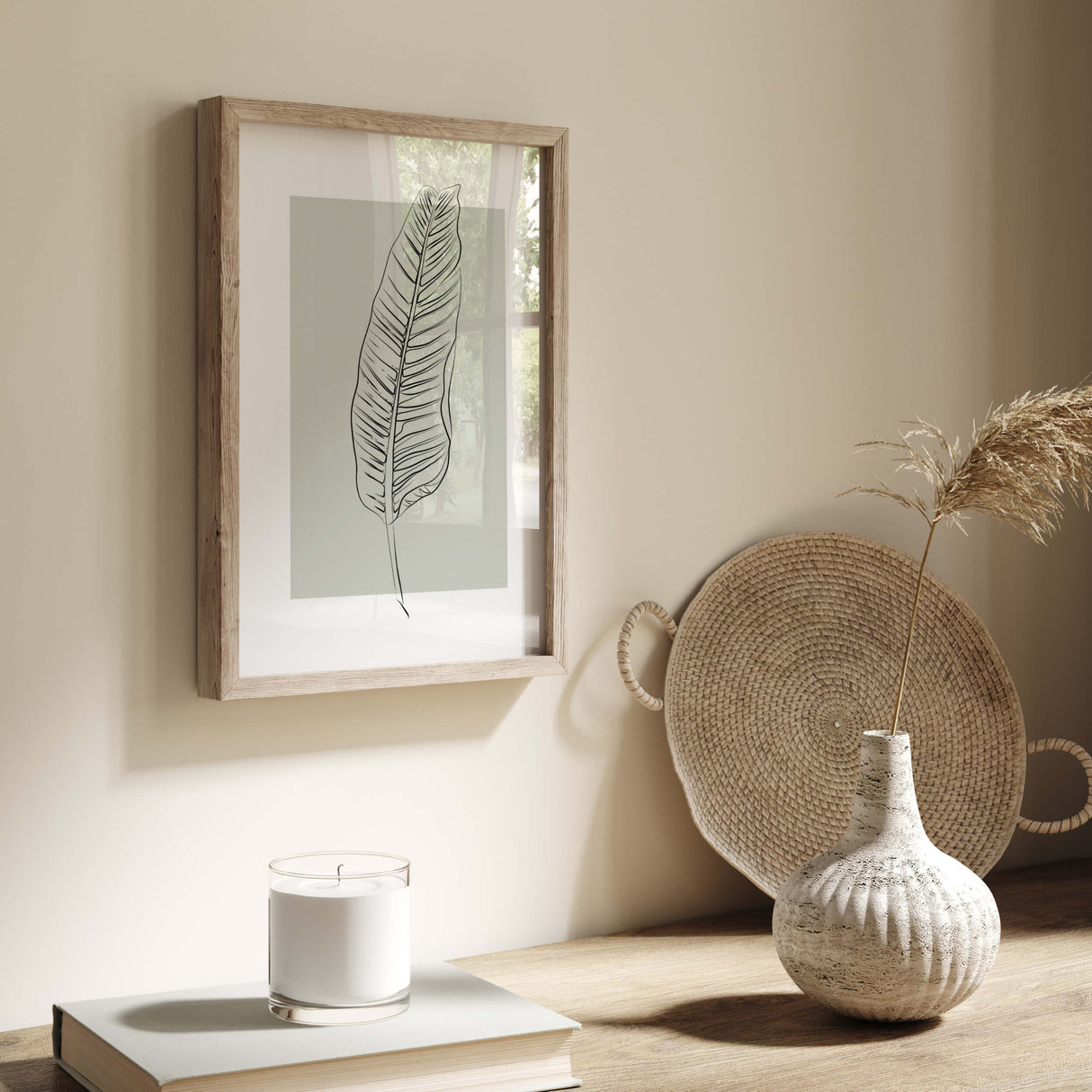 Abstract leaves line art poster with sage green background for neutral home decor, white home decor, beige home decor, boho home decor, modern home decor.