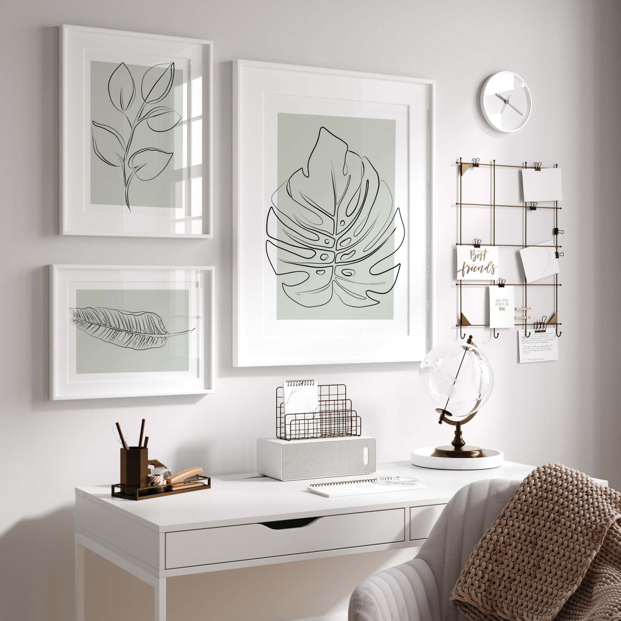 Abstract leaves line art print with sage green background for neutral home decor, white home decor, beige home decor, boho home decor, modern home decor, scandinavian home decor.