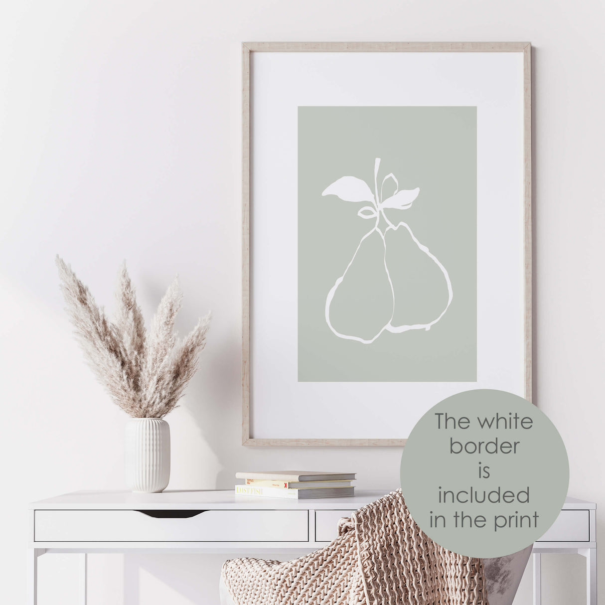 Abstract white bontanical print with leaves, pear, fruit, flower with sage green background for neutral home decor, abstract home decor.