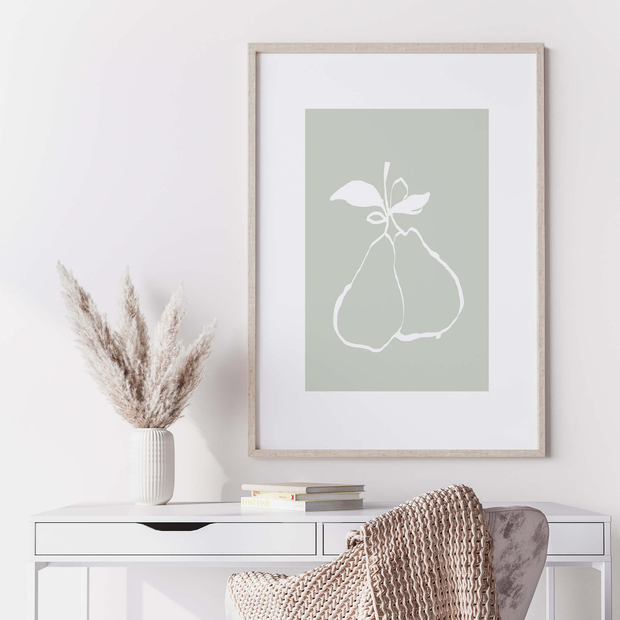 Abstract white pear print with sage green background for neutral home decor, abstract home decor.