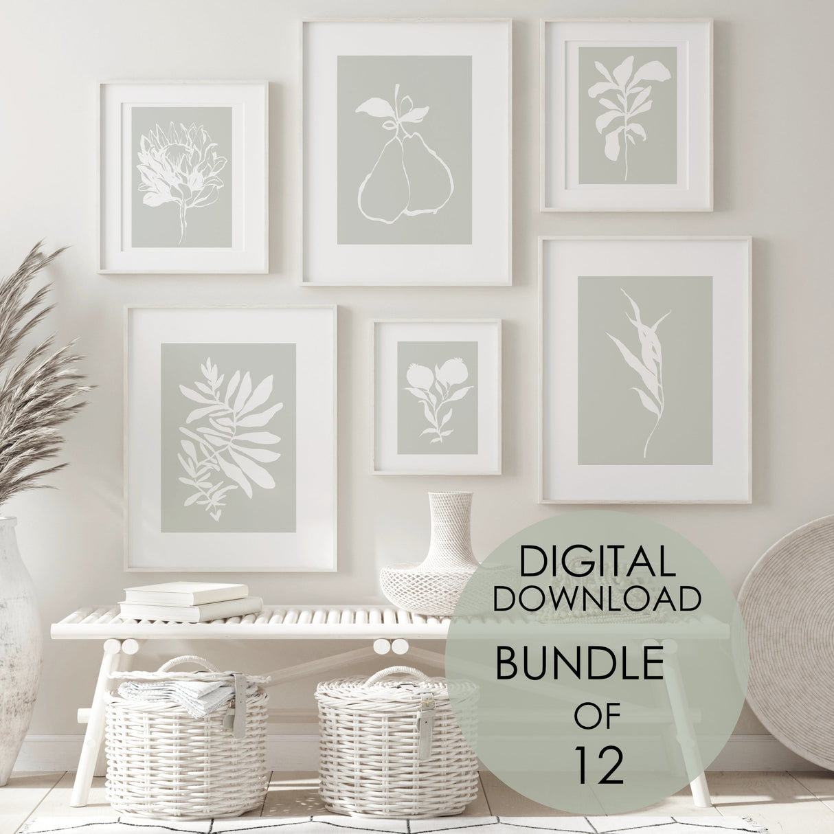 Abstract white bontanical print with leaves, pear, fruit, flower with sage green background for neutral home decor, abstract home decor.