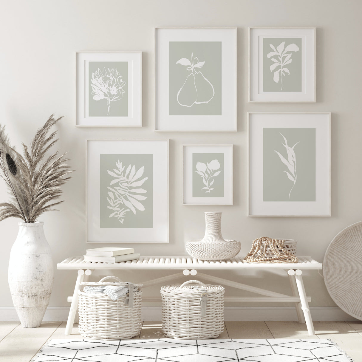 Abstract white bontanical printable with leaves, pear, fruit, flower with sage green background for neutral home decor, abstract home decor.