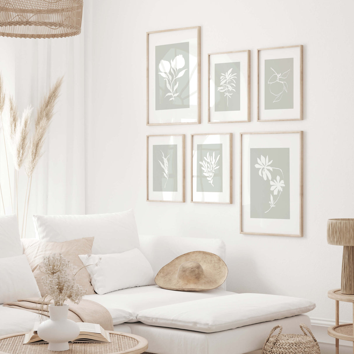 Abstract white bontanical printable with leaves, pear, fruit, flower with sage green background for neutral home decor, abstract home decor.