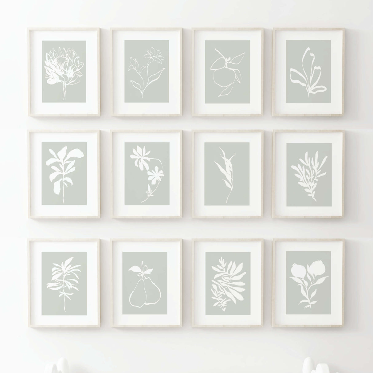 Abstract white bontanical print with leaves, pear, fruit, flower with sage green background for neutral home decor, abstract home decor.