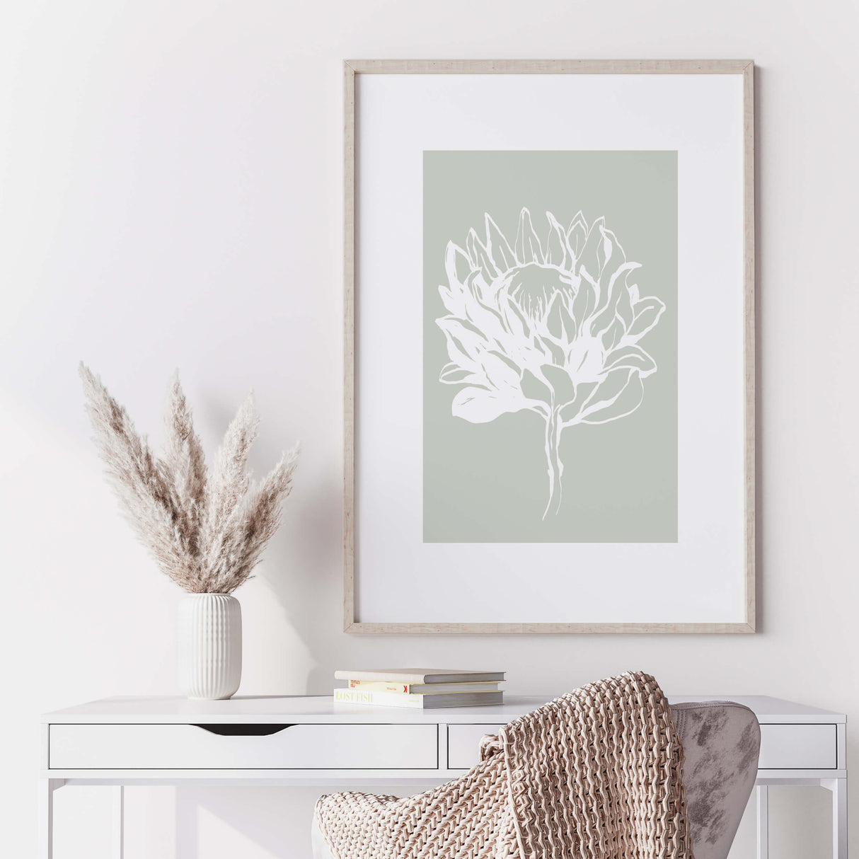 Abstract white bontanical print with leaves, pear, fruit, flower with sage green background for neutral home decor, abstract home decor.